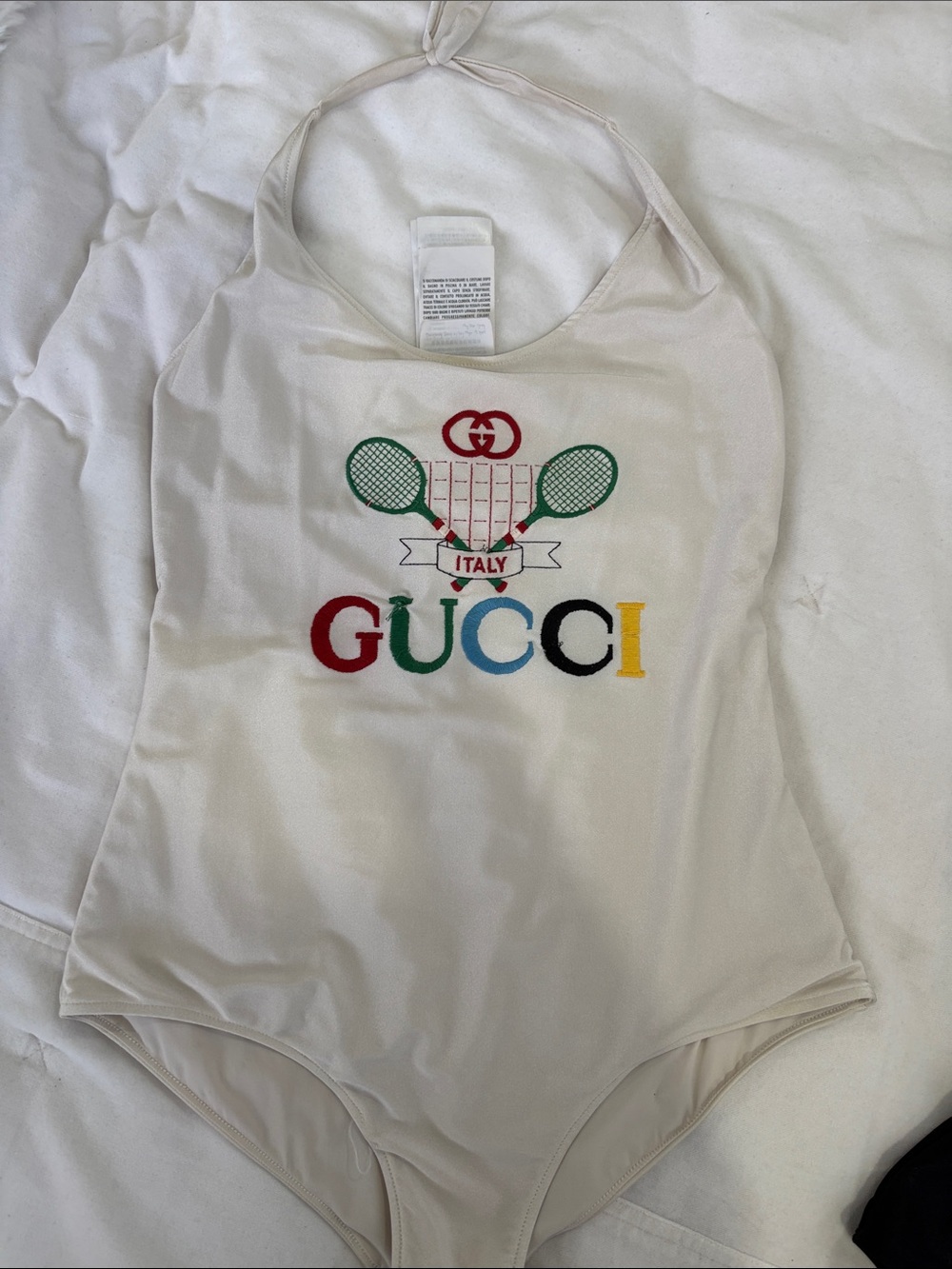 Gucci Cream Halter Logo Tennis One-Piece Swimsuit
